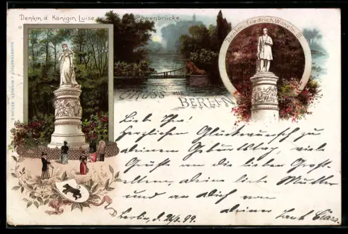 Lithographie Berlin-Tiergarten, Denkmal Königin Luise, Denkmal Friedrich Wilhelm III., Schwanenbrücke