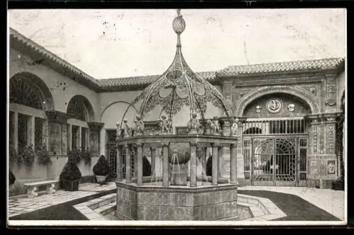 AK Berlin, Sommergarten mit Brunnen in der Leipziger Strasse, Königl. Majolika-Werkstätte Cadinen