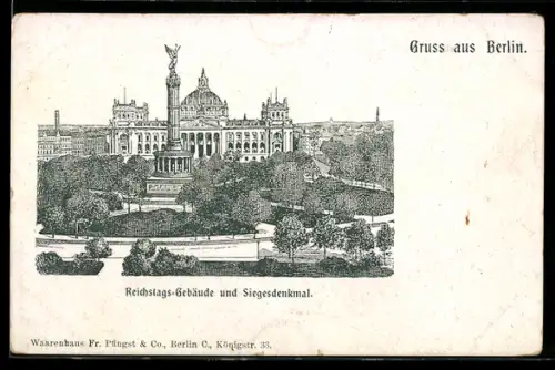Lithographie Berlin-Tiergarten, Reichstags-Gebäude, Siegesdenkmal
