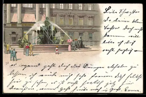 Lithographie Berlin, Neptunbrunnen vor dem Alten Schloss