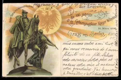 Lithographie Berlin, Kaiser Wilhelm National-Denkmal, 100-jährige Geburtstagsfeier 1897, Reichsadler