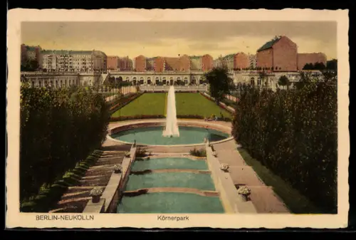 AK Berlin-Neukölln, Körnerpark, Springbrunnen, Gartenanlage
