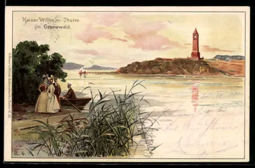 Lithographie Berlin-Grunewald, Kaiser-Wilhelm-Thurm, Uferpromenade, Ruderboot