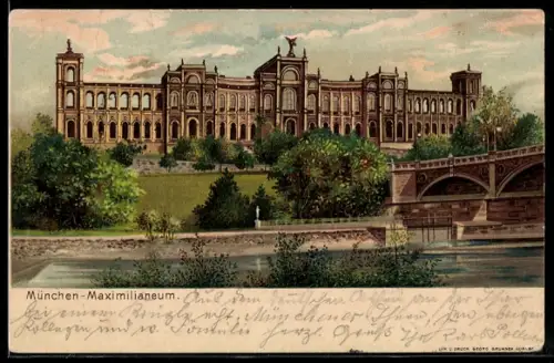 Lithographie München, Maximilianeum, Brücke, Isarufer