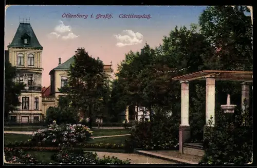 AK Oldenburg i. Grossh., Cäcilienplatz, Parkanlage, Brunnen, Wohnhäuser