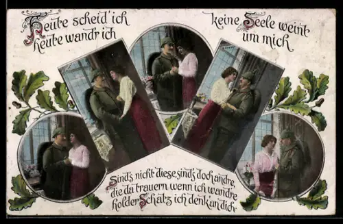 AK Soldat mit Pickelhaube und Gewehr, Szenen zum Kriegs-Abschied