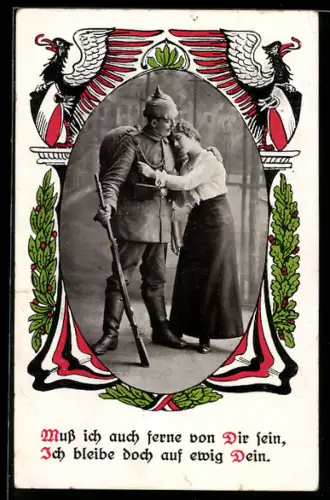 AK Infanterie-Soldat in Uniform mit Pickelhaube beim Abschied von seiner Frau