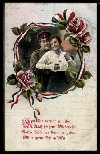 AK Soldat in Uniform mit Schirmmütze umarmt junge Frau, Soldatenliebe