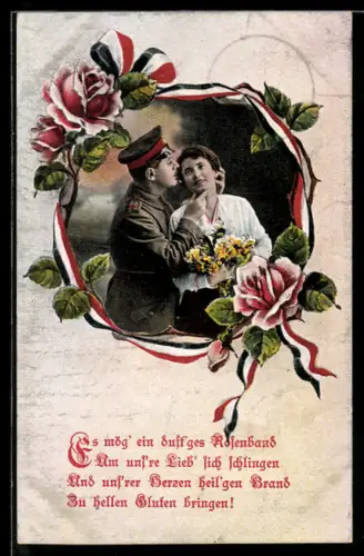 AK Soldat in Uniform mit Schirmmütze umarmt junge Frau, Soldatenliebe