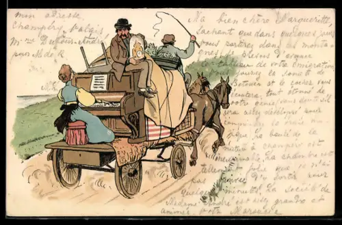 Künstler-AK Umzug per Pferdegespann zur Begleitung auf dem Klavier