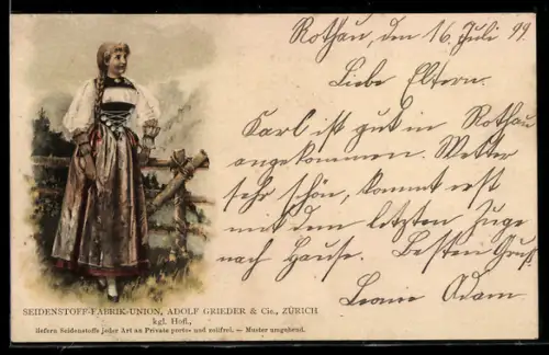 AK Zürich, Reklame für Seidenstoff-Fabrik Adolf Grieder & Cie., hübsche Frau in Tracht