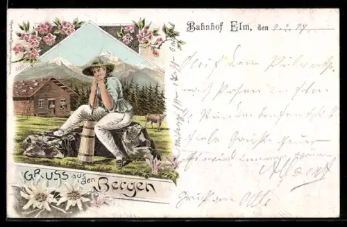 Lithographie Junge Frau beim Butterstampfen