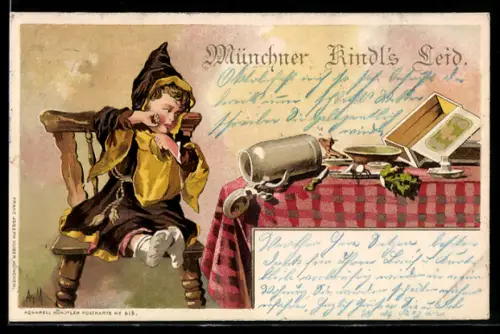 Künstler-AK Münchner Kindl`s Leid, umgestürtzer Bierkrug