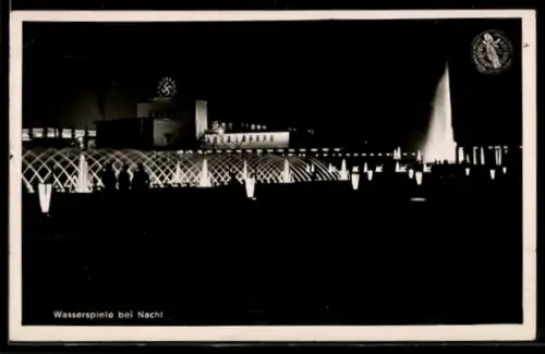 AK Düsseldorf, Grosse Reichsausstellung 1937, Springbrunnen bei Nacht, 