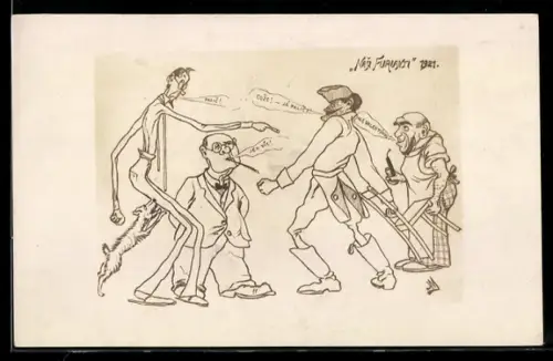 AK Überzeichnete Figuren als Karikatur