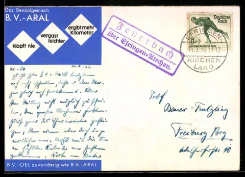 AK Reklame für Aral-Tankstelle und spezielles Benzolgemisch mitsamt seiner Vorteile