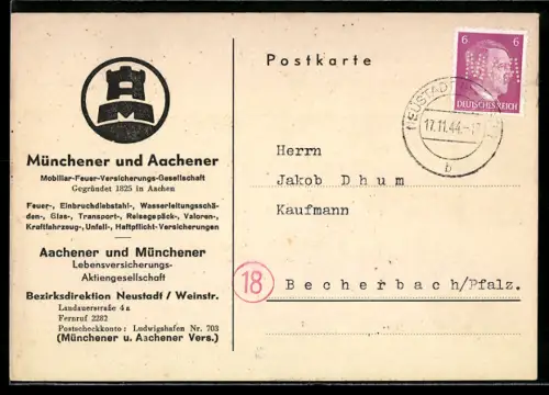 AK Aachen, Korrespondenzkarte der Münchener und Aachener Mobiliar-Feuer-Versicherungs-Gesellschaft