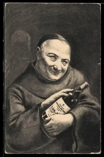 AK Mönch mit einer Flasche Bordeaux, Chateau La Mission Haut Brion