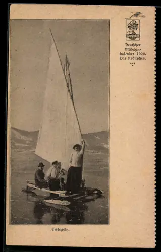 AK Drei Personen auf einem Segelboot beim Eissegeln