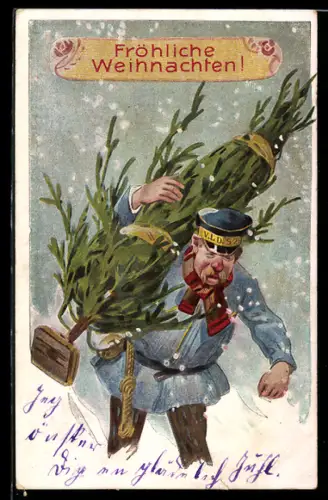 AK Fröhliche Weihnachten, Bote trägt Christbaum