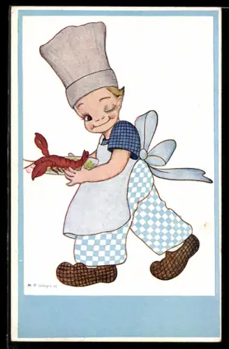 Künstler-AK Koch mit einem Hummer