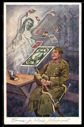 AK Schlafender Soldat wird von einer ätherischen Frau mit Geldscheinen beworfen
