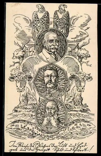 Künstler-AK Porträt von Zeppelin mit Adlern, Kühen und Fischen