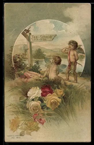 AK Frankfurt a. M., Amor und Elfe schauen auf einen Wegweiser, Tee-Schmidt