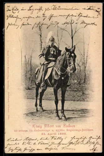 AK König Albert von Sachsen zu Pferde an seinem 70. Geburtstag u. 25jähr. Jubiläum 1898