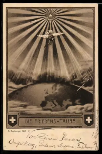 AK Die Friedenstaube, Taube mit Zweig, Sonne mit Stern, Erdkugel, Schweizer Wappen