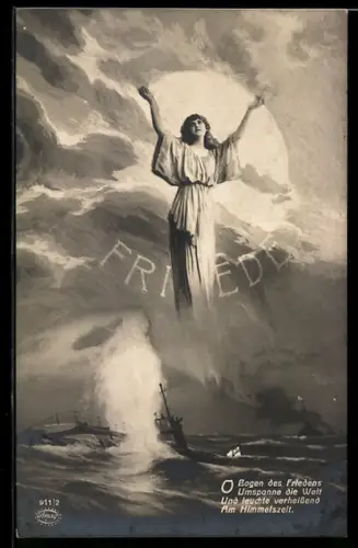 AK Frieden, O Bogen des Friedens..., Frau im Kleid über stürmischer See, Friedensbewegung