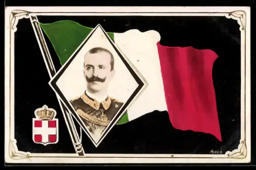 AK König von Italien, Italienische Flagge, Wappen mit Krone