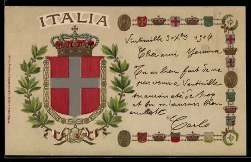 Präge-AK Italia, Wappen mit Krone im Lorbeerkranz, Wappenkette mit Königsportraits