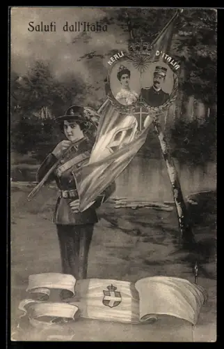 AK Italia, Reali d`Italia, Soldatin mit Fahnen