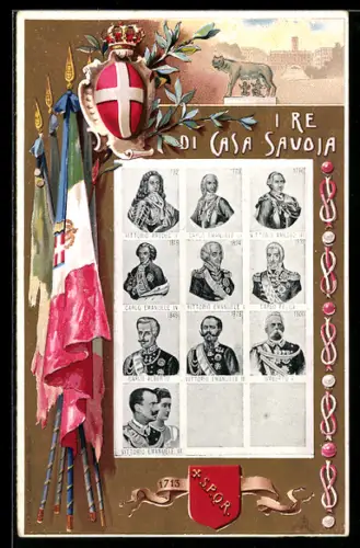 Lithographie I Re di Casa Savoia, Portraits, Fahnen, Wappen, Romulus u. Remus mit Wölfin