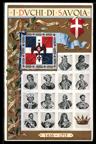 AK italienische Könige von 1451-1675, Krone, Wappen, Amedeo, Filippo, Carlo