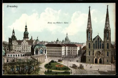 Lithographie Dresden, Blick von Webers Hotel, Kirche, Strassenbahnen