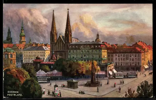 Künstler-AK Dresden, Postplatz mit Strassenbahn