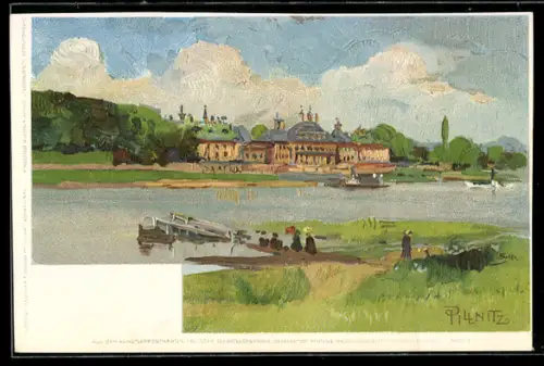 Künstler-AK Dresden-Pillnitz, Schloss Pillnitz an der Elbe