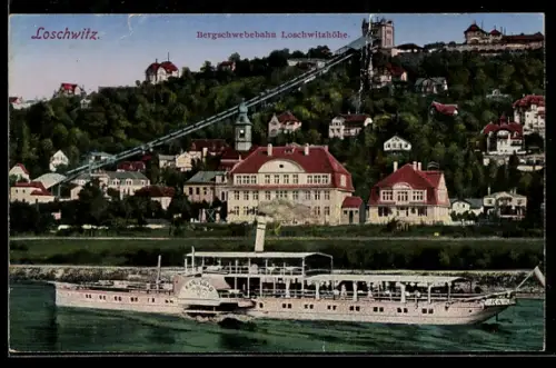AK Dresden-Loschwitz, Bergschwebebahn Loschwitzhöhe, Dampfschiff MS Karlsbad
