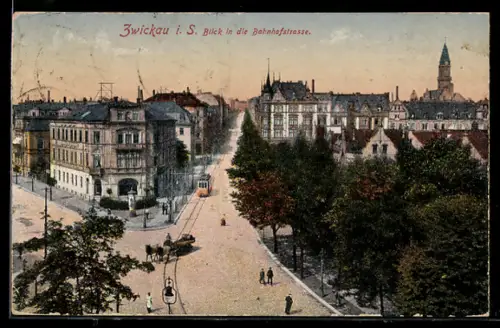 AK Zwickau i. S., Blick in die Bahnhofstrasse m. Strassenbahn
