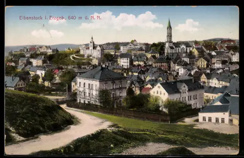 AK Eibenstock i. Erzgeb., Stadtansicht mit Kirche und Rathaus