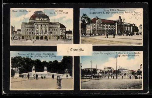 AK Chemnitz, Neues Stadttheater, Brunnen auf dem neuen Theaterplatz, König Albert-Museum