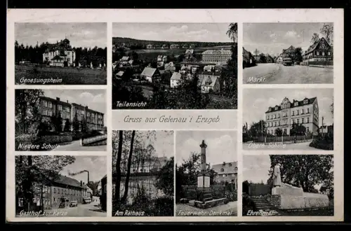 AK Gelenau i. Erzgeb., Gasthof zur Katze, Genesungsheim, Markt