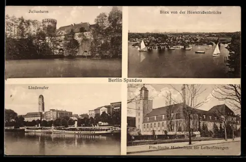 AK Berlin-Spandau, Juliusturm, Lindenufer, Heerstrassenbrücke, Preussische Hochschule für Leibesübungen