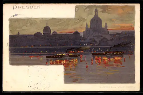 AK Dresden, Totalansicht mit Dampfer