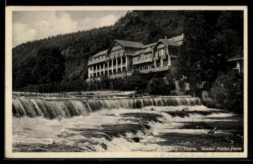 AK Bad Blankenburg i. Thürw., Gustav Prüfer Heim am Wehr
