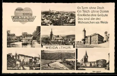 AK Weida i. Thür., Gesamtansicht und sechs Ansichten aus der Stadt