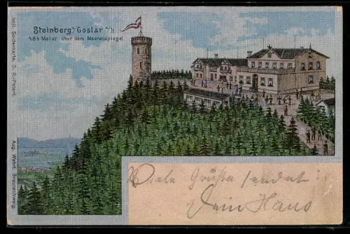Seiden-Imitations-AK Steinberg, Gasthaus mit Aussichtsturm