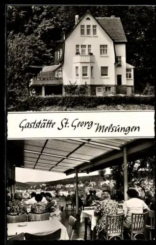 AK Melsungen a. d. Fulda, Gasthaus St. Georg, Inh. Tante Rosina, Aussenansicht und Terrasse